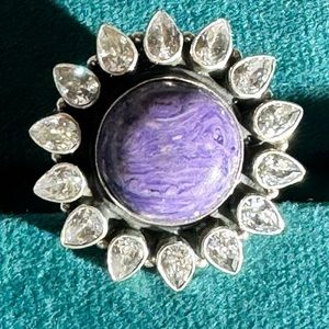 925 Sterling Silver Ring with Charoite and High Quality Cubic Zirconia!